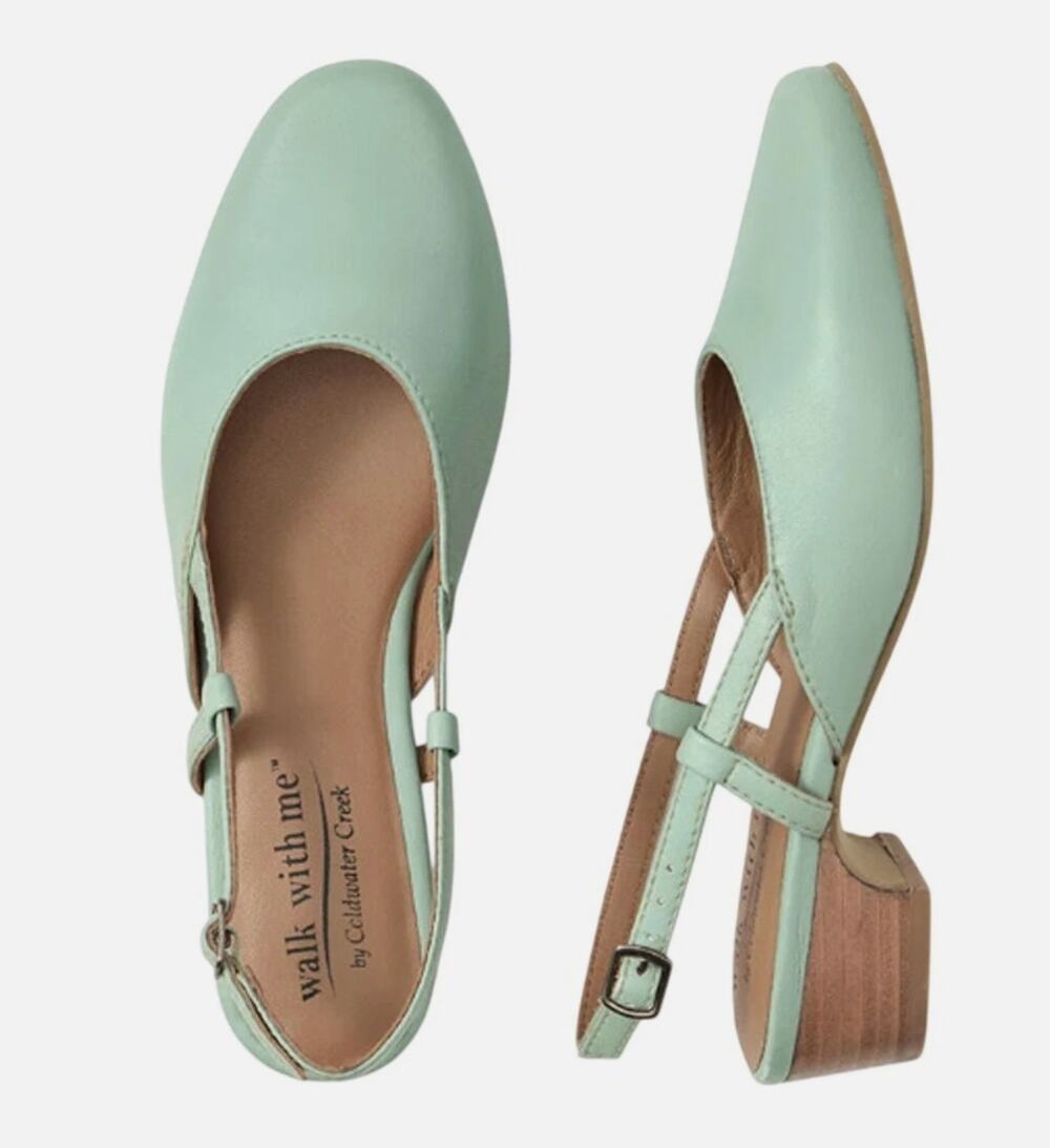 Coldwater Creek Womens Josie Slingback Heels US 7.5 Wide Light Green Leather EUC